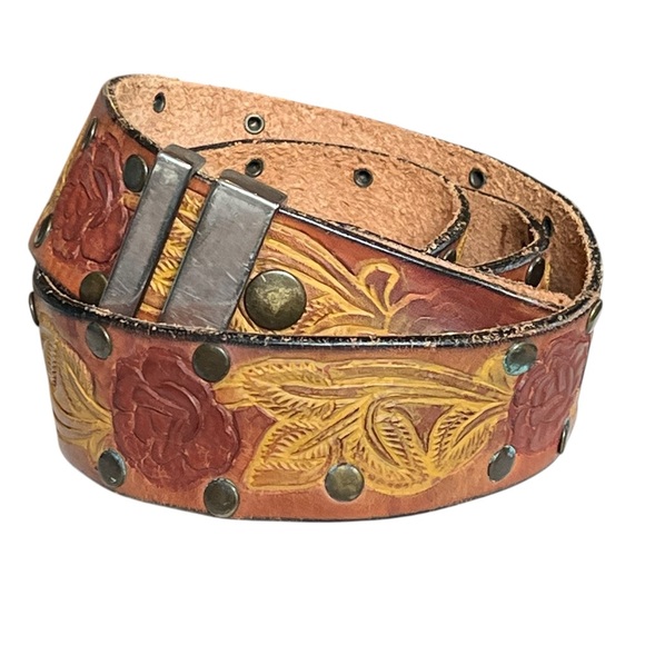 Leatherock Genuine Leather Western Style Tooled Leather Rose Belt Boho